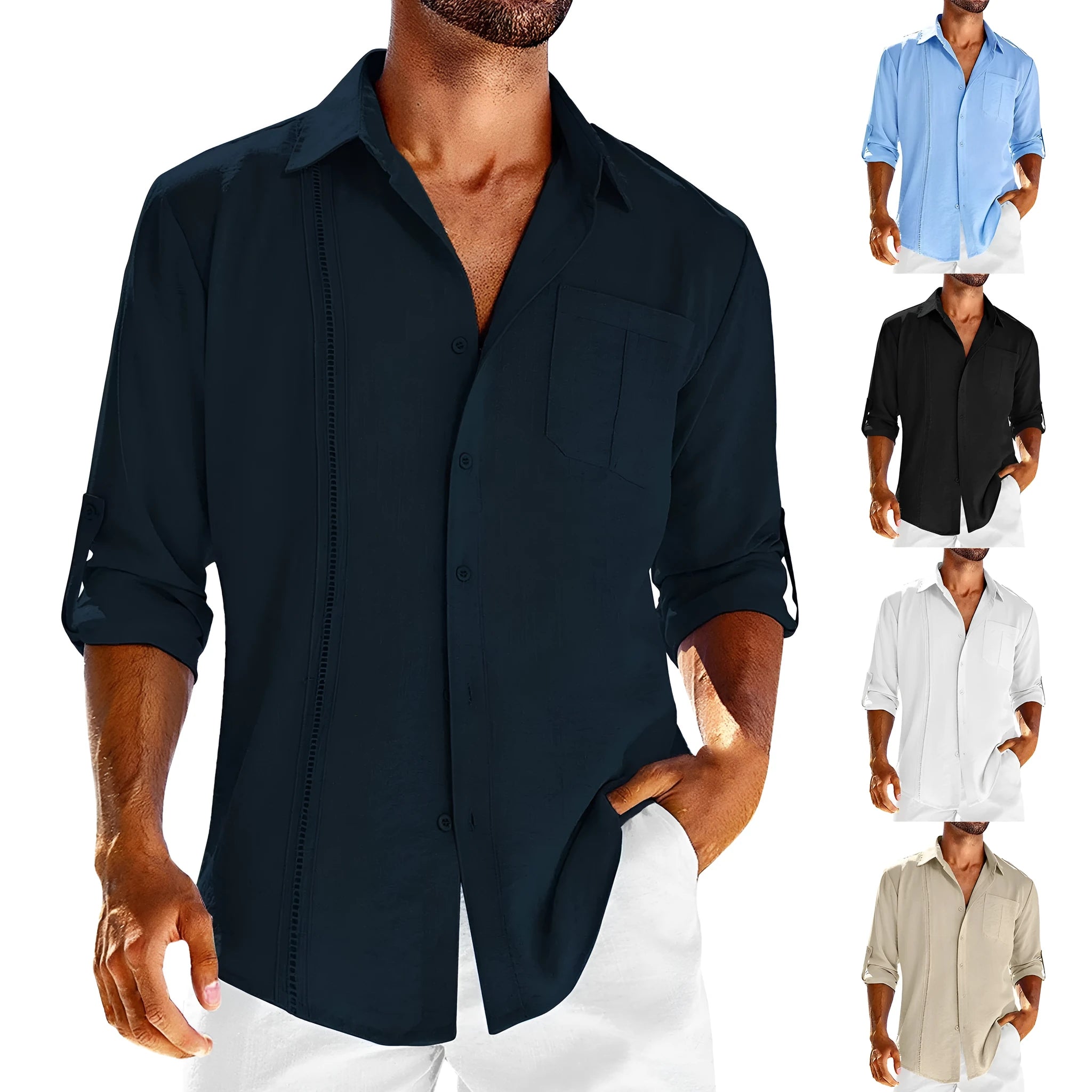 Men's grey cotton blend long sleeve shirt with lace polo collar and chest pocket