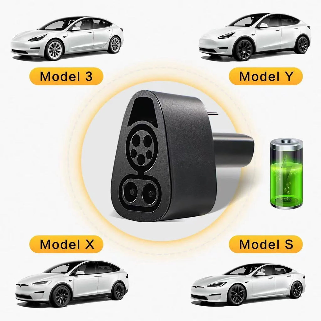 Black Tesla charging plug conversion adapter with American Standard connector, showing dimensions.