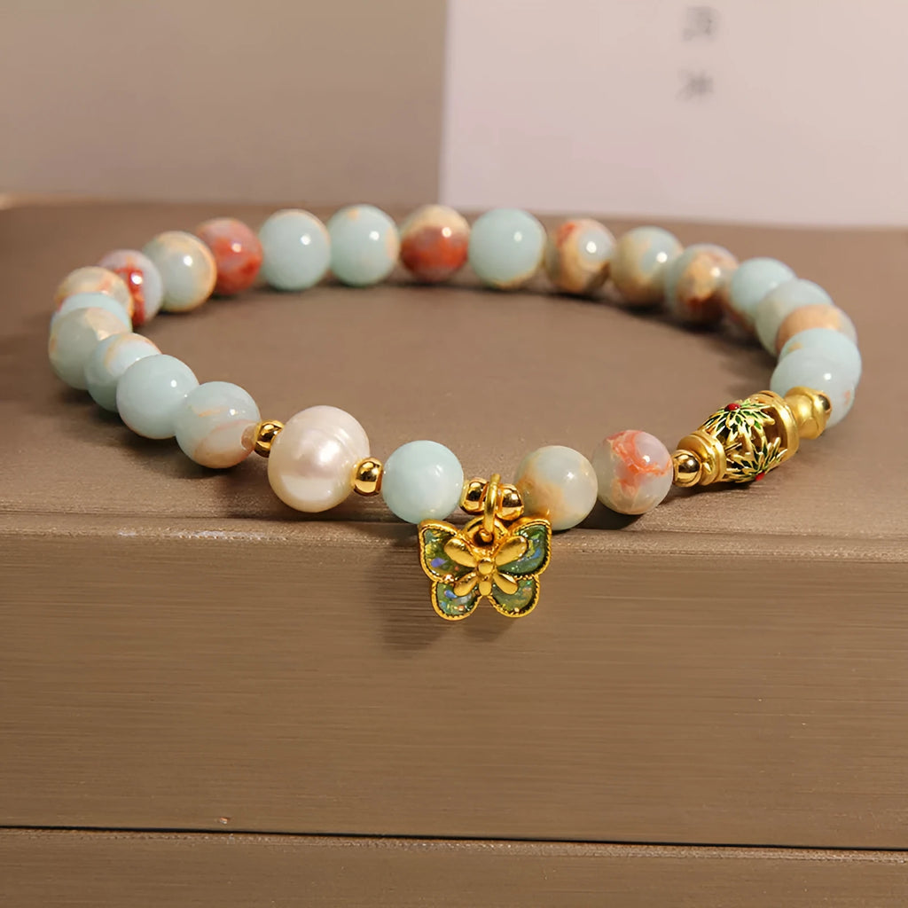 Blue freshwater pearl bracelet with Shoushan stone butterfly pendant for women