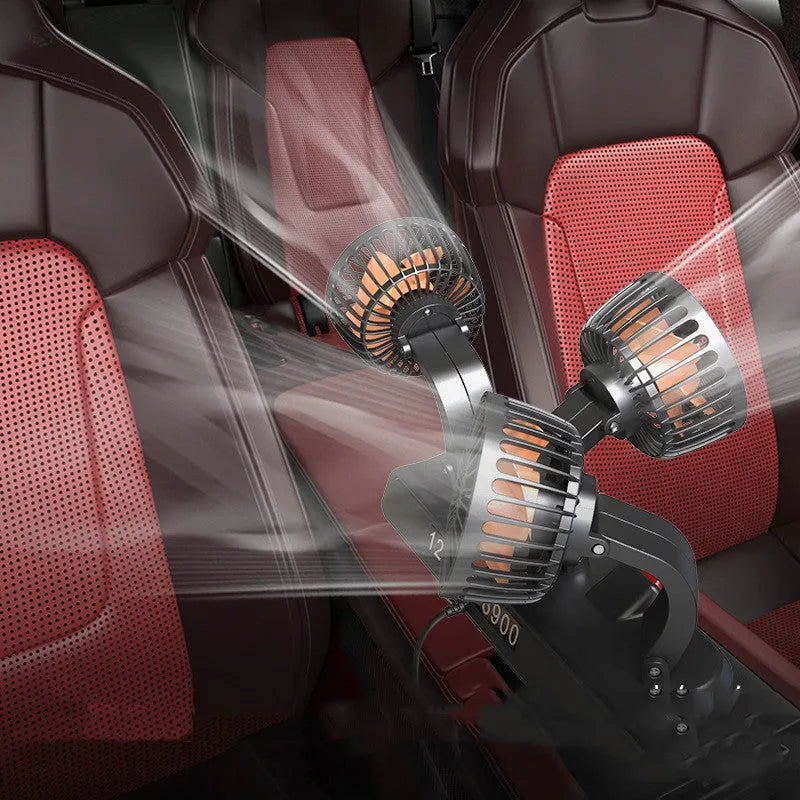 Three head automotive electric cooling fan with adjustable heads for car cabin ventilation
