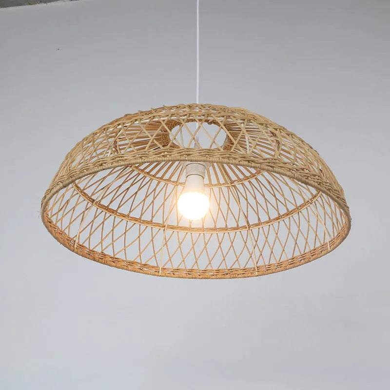 Handwoven bamboo chandelier, 60cm diameter, natural finish, hanging from ceiling