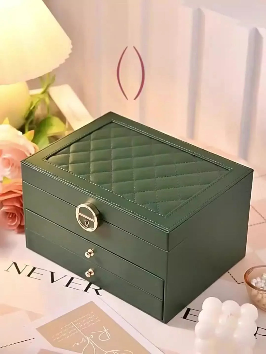 Leather jewellery storage box with three drawers open showing removable dividers and satin lining in four colour options