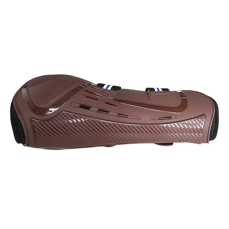 No 9 Colour Barrier horse leg guards showing hard PU shell, neoprene lining, and air holes in a blue set.