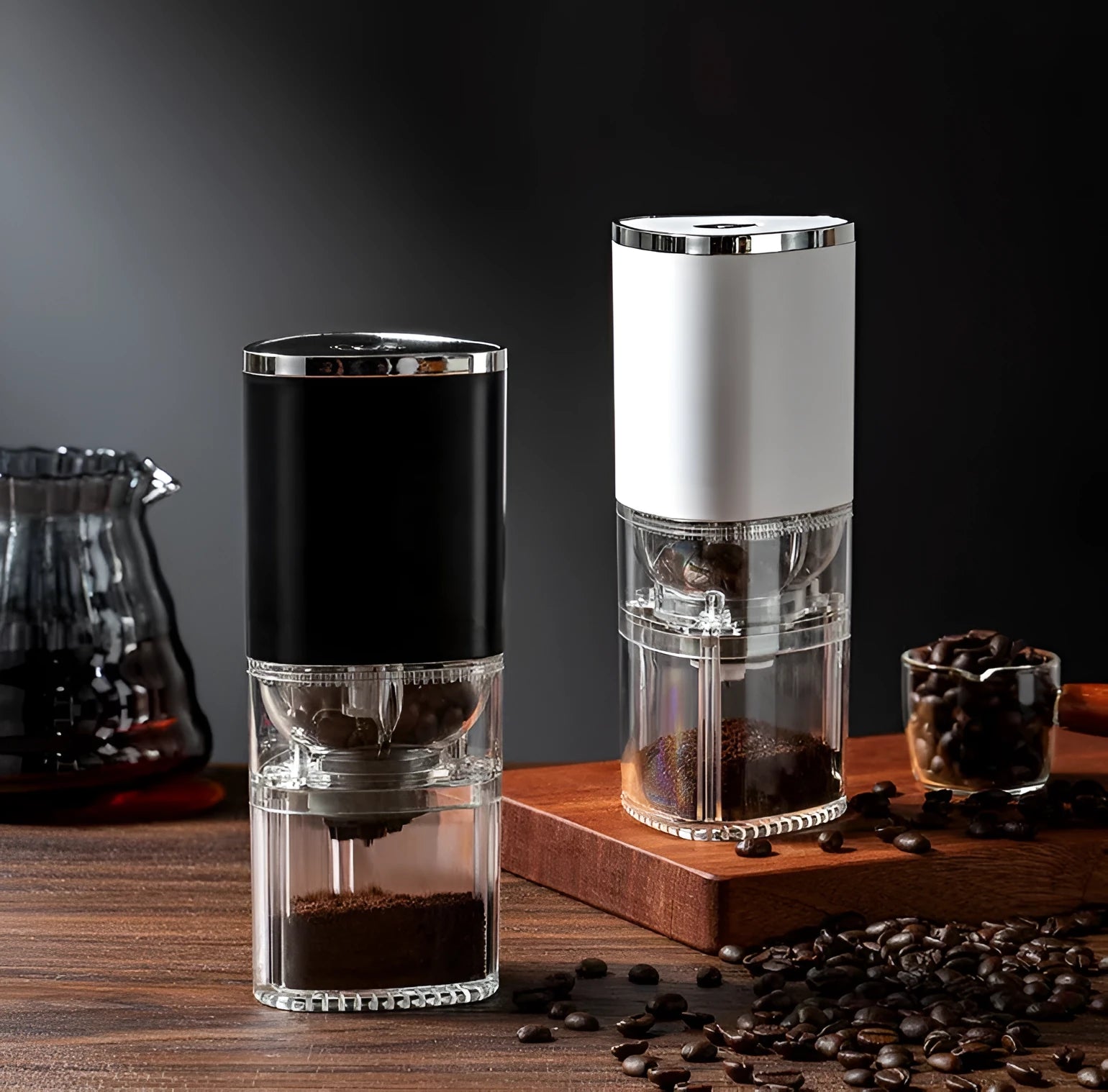 Frosted white or black portable electric coffee grinder with ceramic burr and USB cable