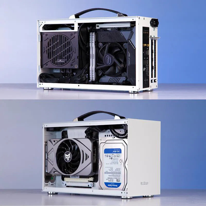 Three Hummingbird Mini ITX desktop computer case in titanium gray, showing compact form and front panel.