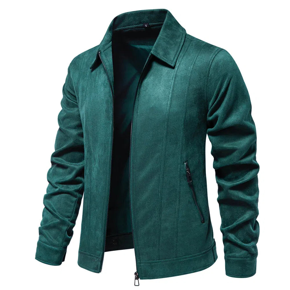 Mens suede lapel zipper jacket autumn winter solid colour outdoor coat black front view