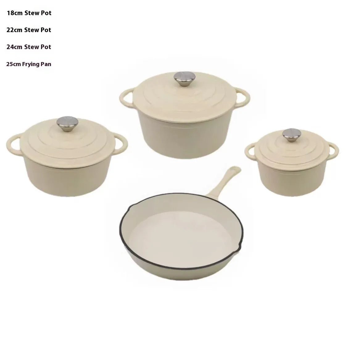 Cast iron enamel casserole set with frying pan and stew pot in light blue colour on a wooden table