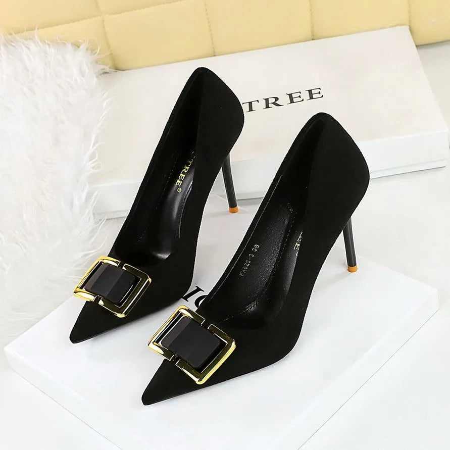Black suede women's stiletto high heel shoes with a 9cm heel and open toe.
