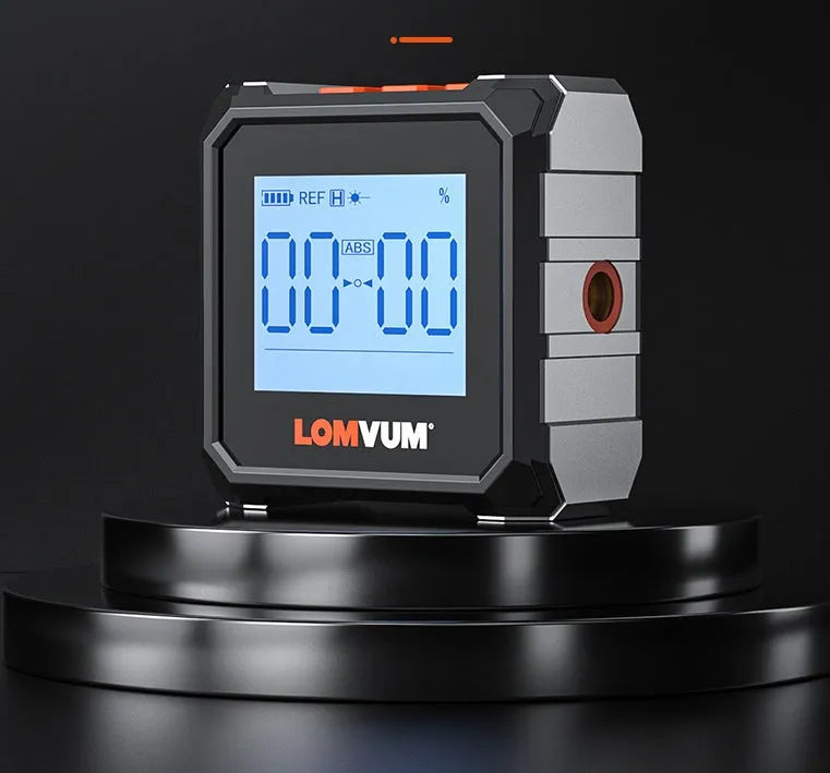 Longyun digital laser inclinometer with alloy casing and backlit display showing measurement.