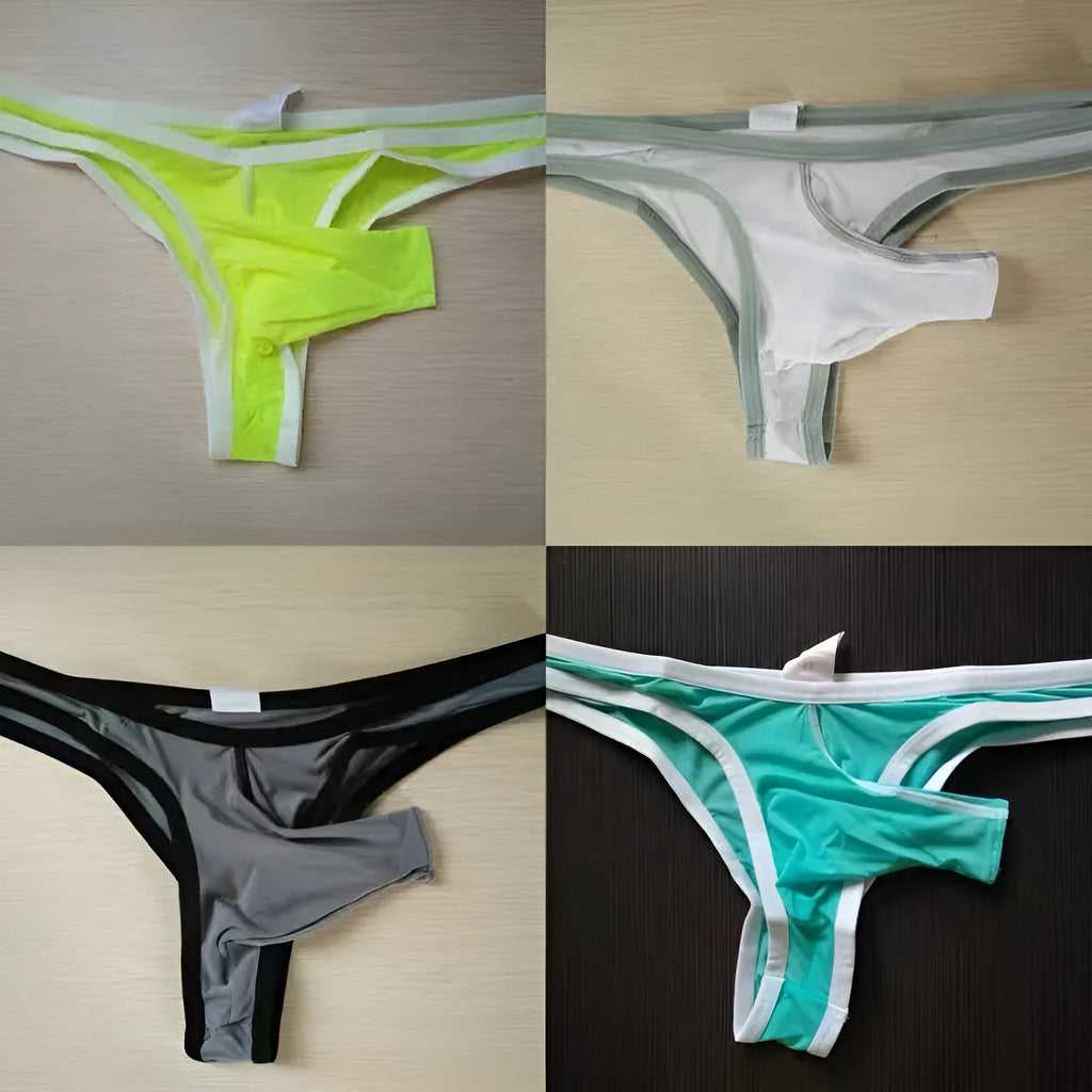 Ice Silk fabric men's briefs in army green, shown flat, with size and colour tags visible.