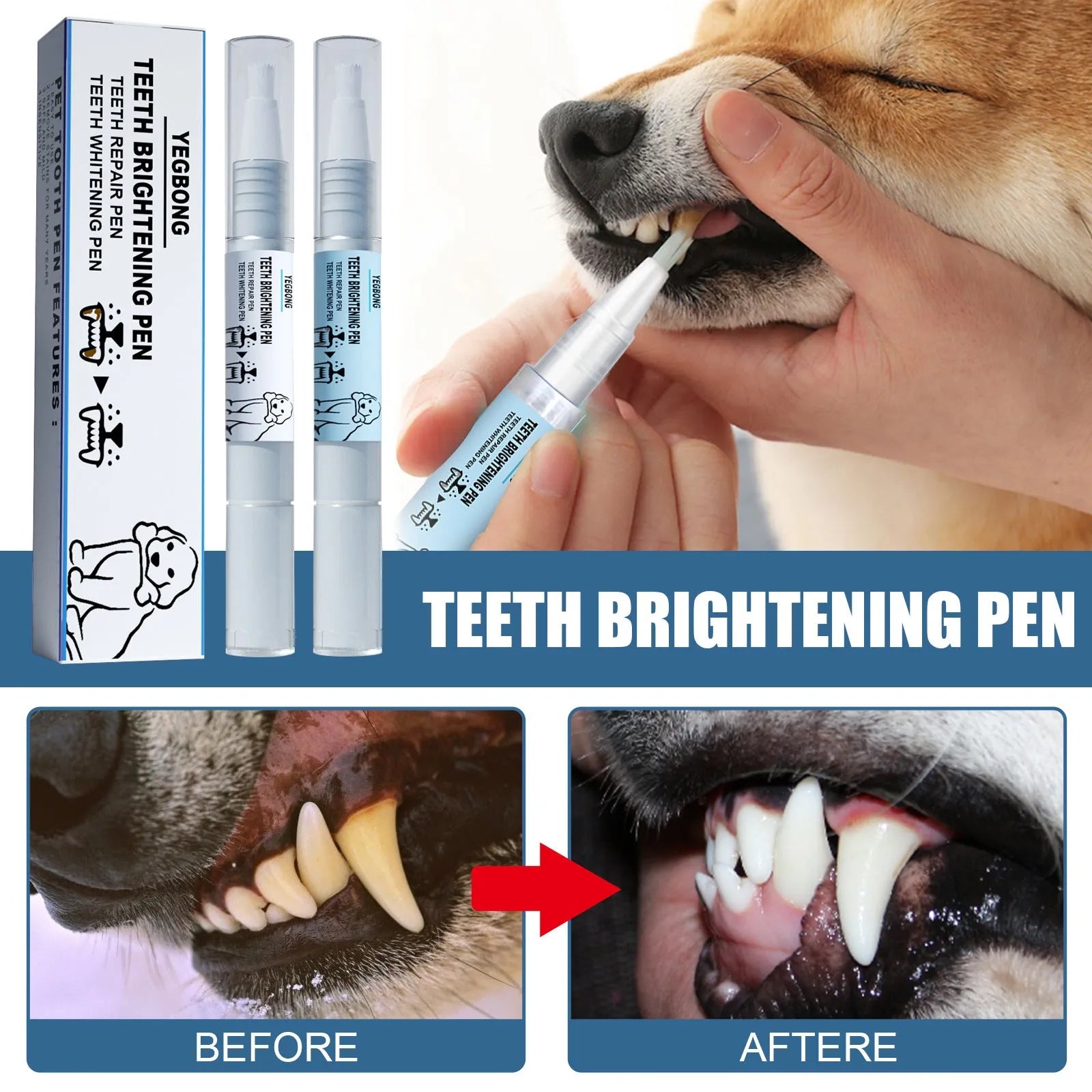 Pet teeth whitening pen and dental brush set for canine and feline tartar removal