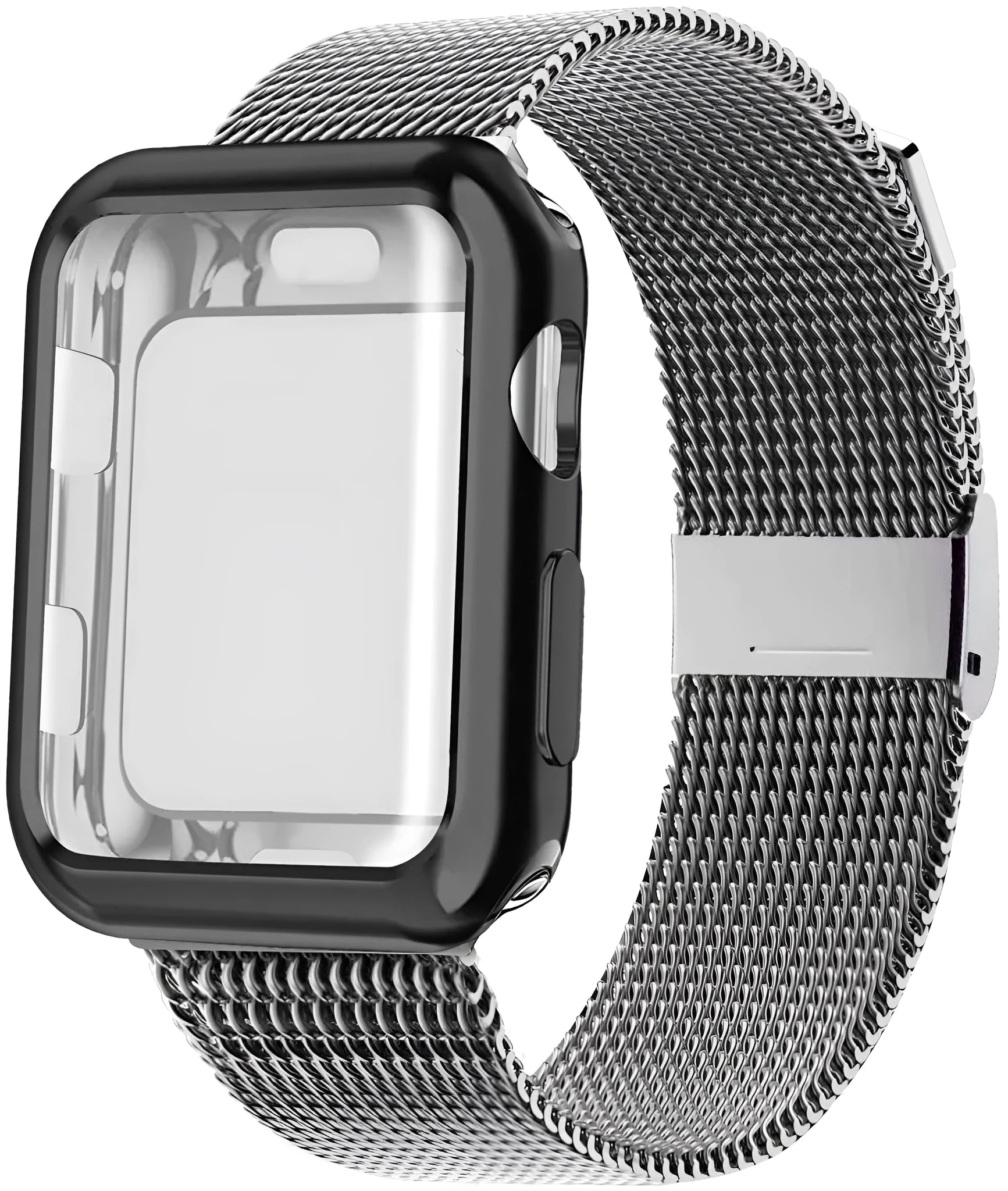 Apple Watch with magnetic Milanese loop metal strap in silver, showing adjustable magnetic clasp.