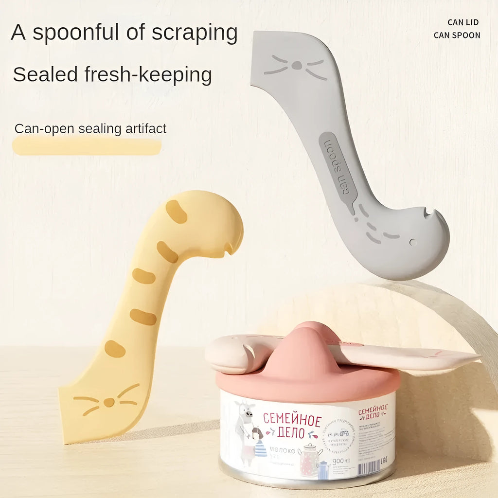 Silicone pet food spoon and airtight can lid set in grey, pink, or yellow for dog and cat wet food.