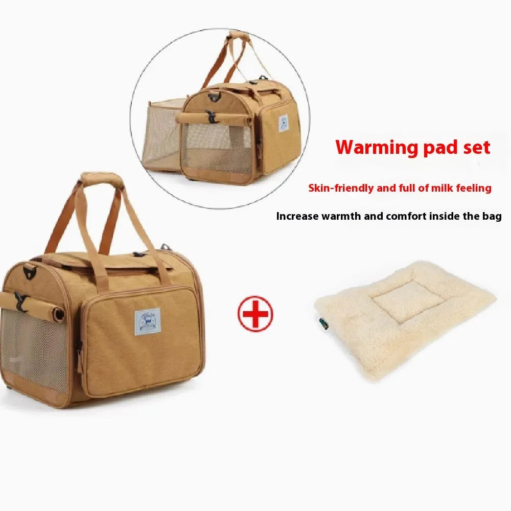 Brown portable expandable cat carrier bag with shoulder strap for cats up to 15 pounds