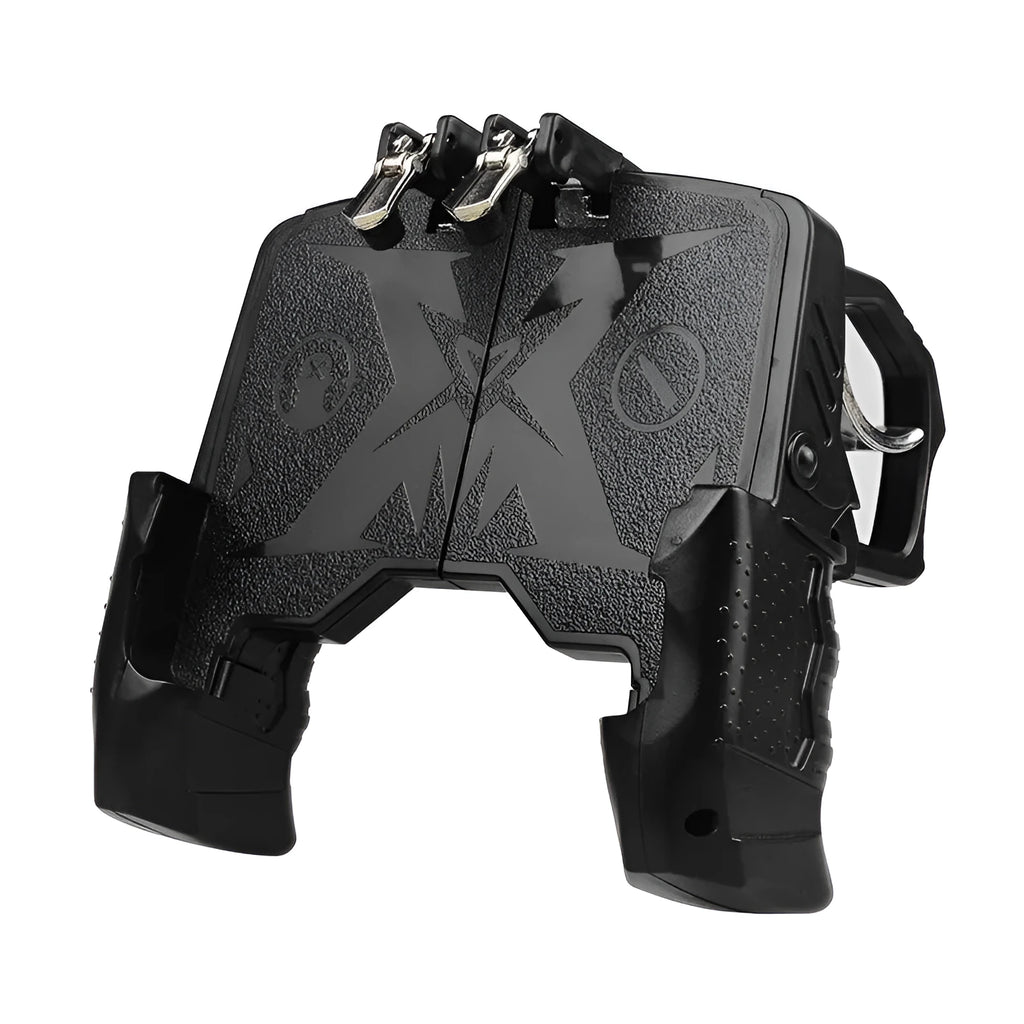 Black wired mobile phone gaming controller with ergonomic handle and physical buttons plugged into a smartphone.