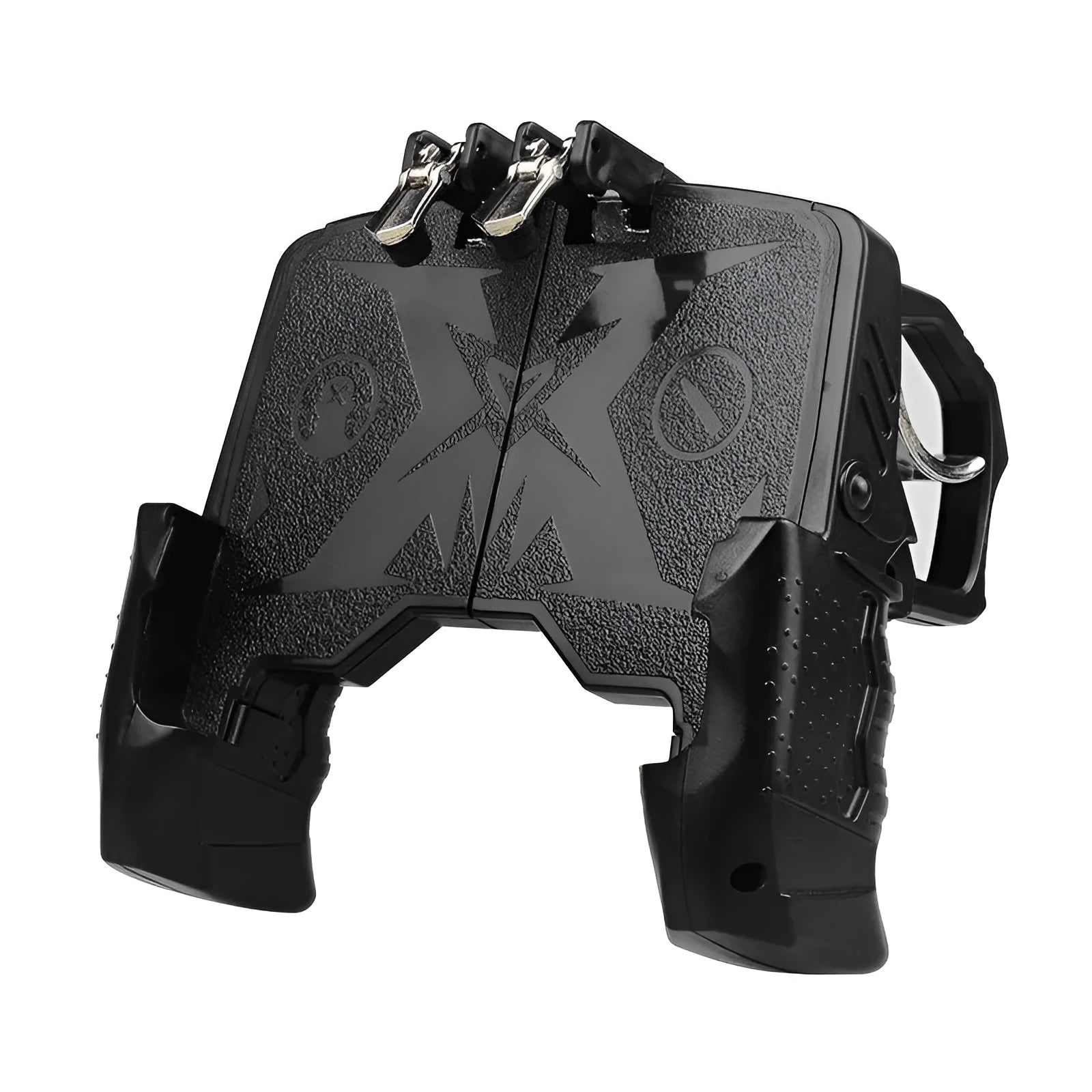 Black wired mobile phone gaming controller with ergonomic handle and physical buttons plugged into a smartphone.