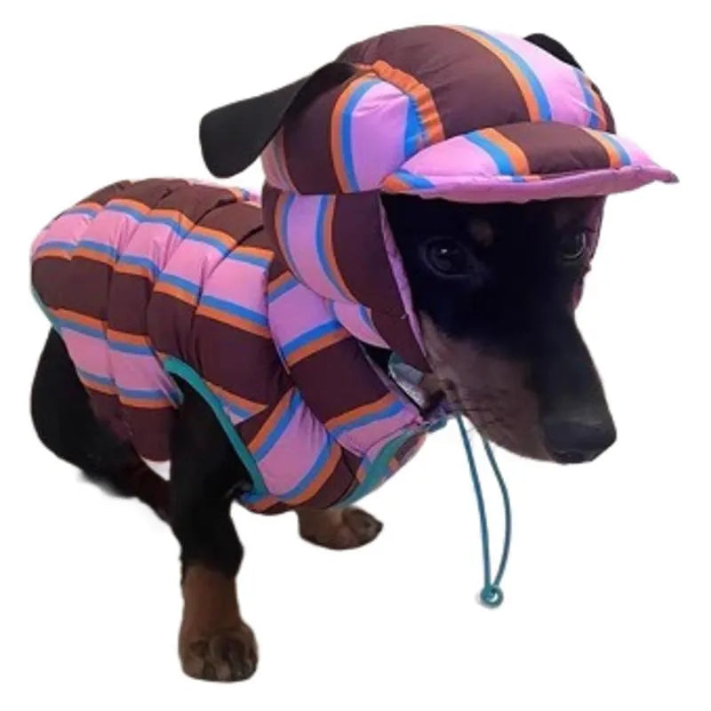 Dirty pink striped polyester dog vest with a matching hat for autumn and winter wear.