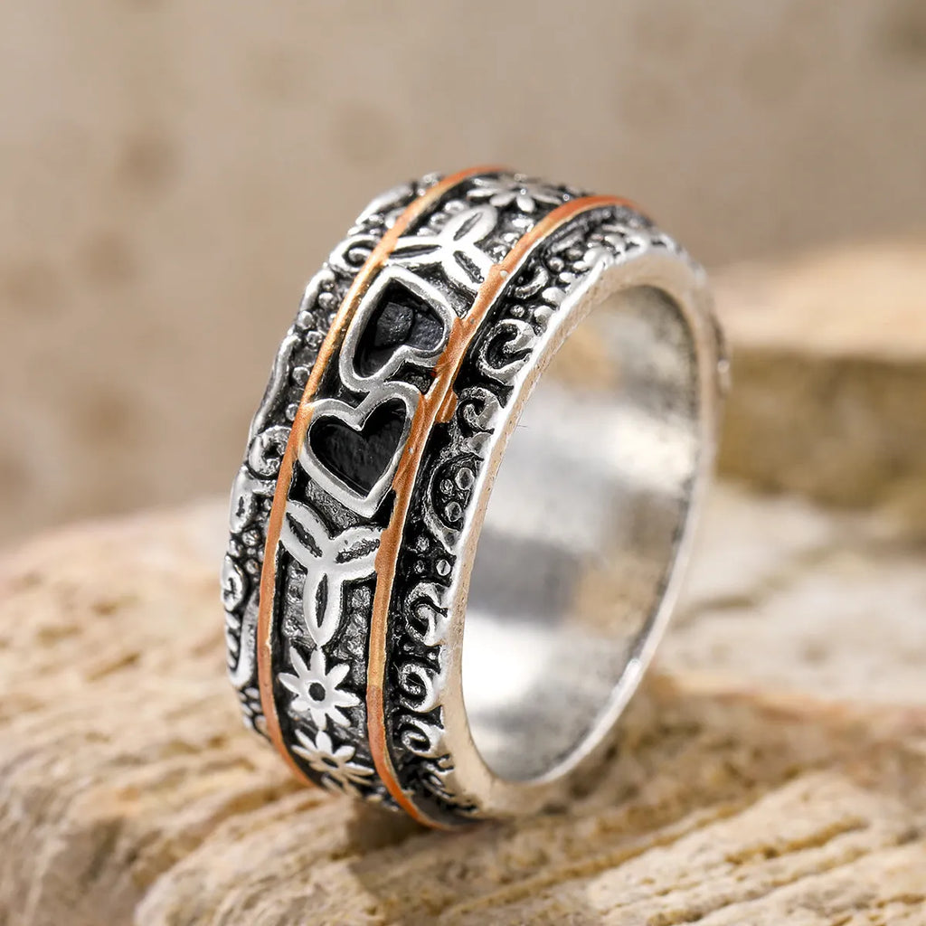 Silver women's personality love wide noodle ring on white background, size option visible