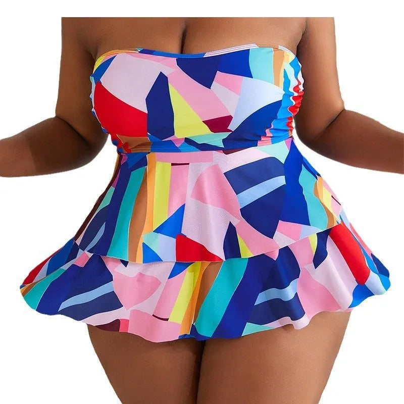 Pink plus size printed tube top bikini with briefs bottom, polyester, sizes 0XL-4XL