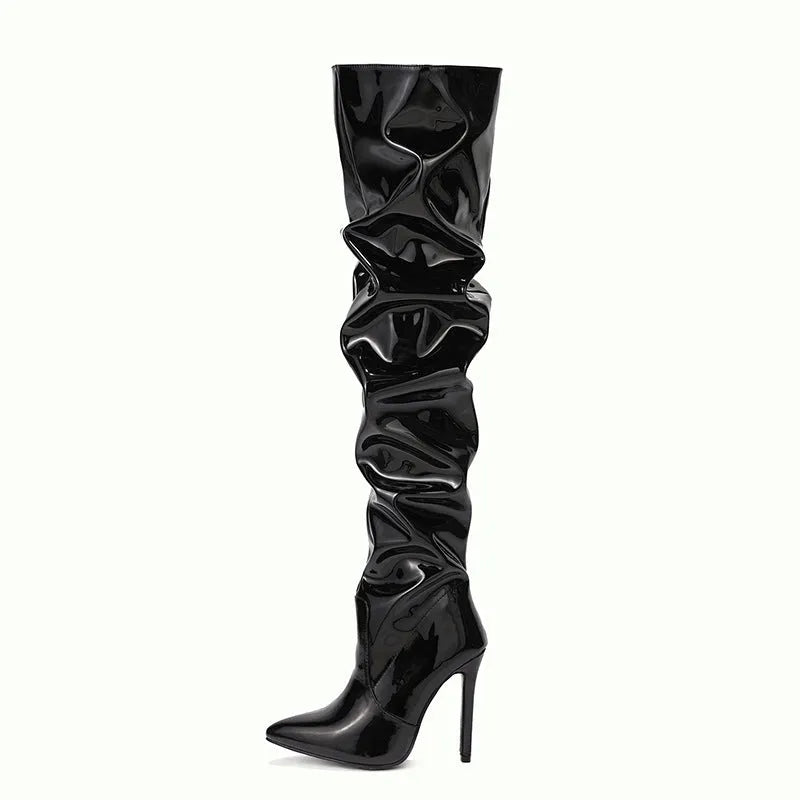 Women's knee high super high heel boots with side zipper, pointy toe, and leather stitching detail in solid colour