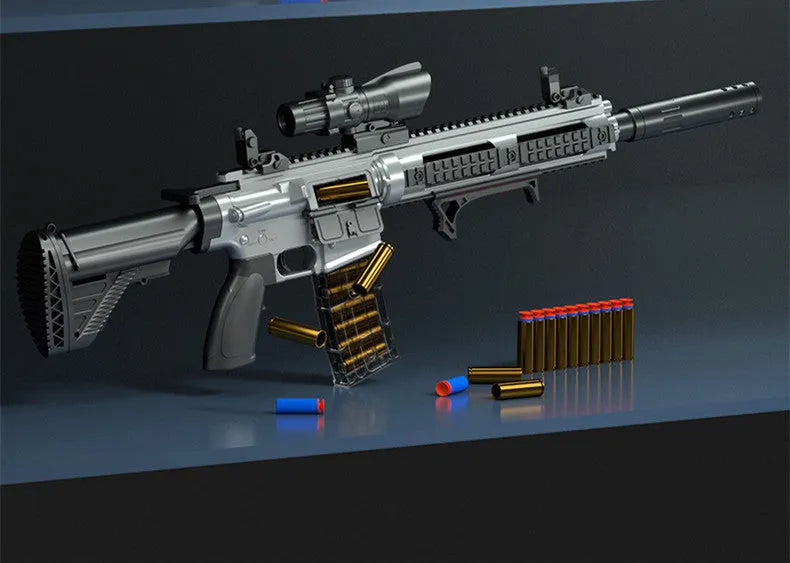 M416 soft bullet gun in black plastic with 100cm length, side view showing magazine and barrel