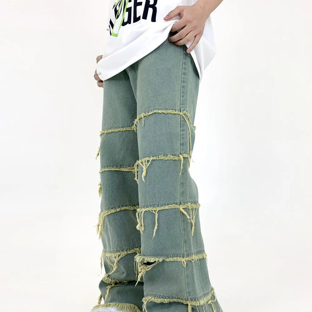 Men's green retro washed raw denim straight leg jeans
