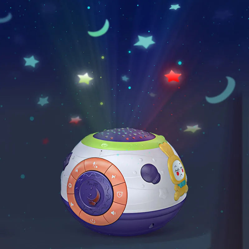 White starry sky night light projector for children showing control button and projection pattern