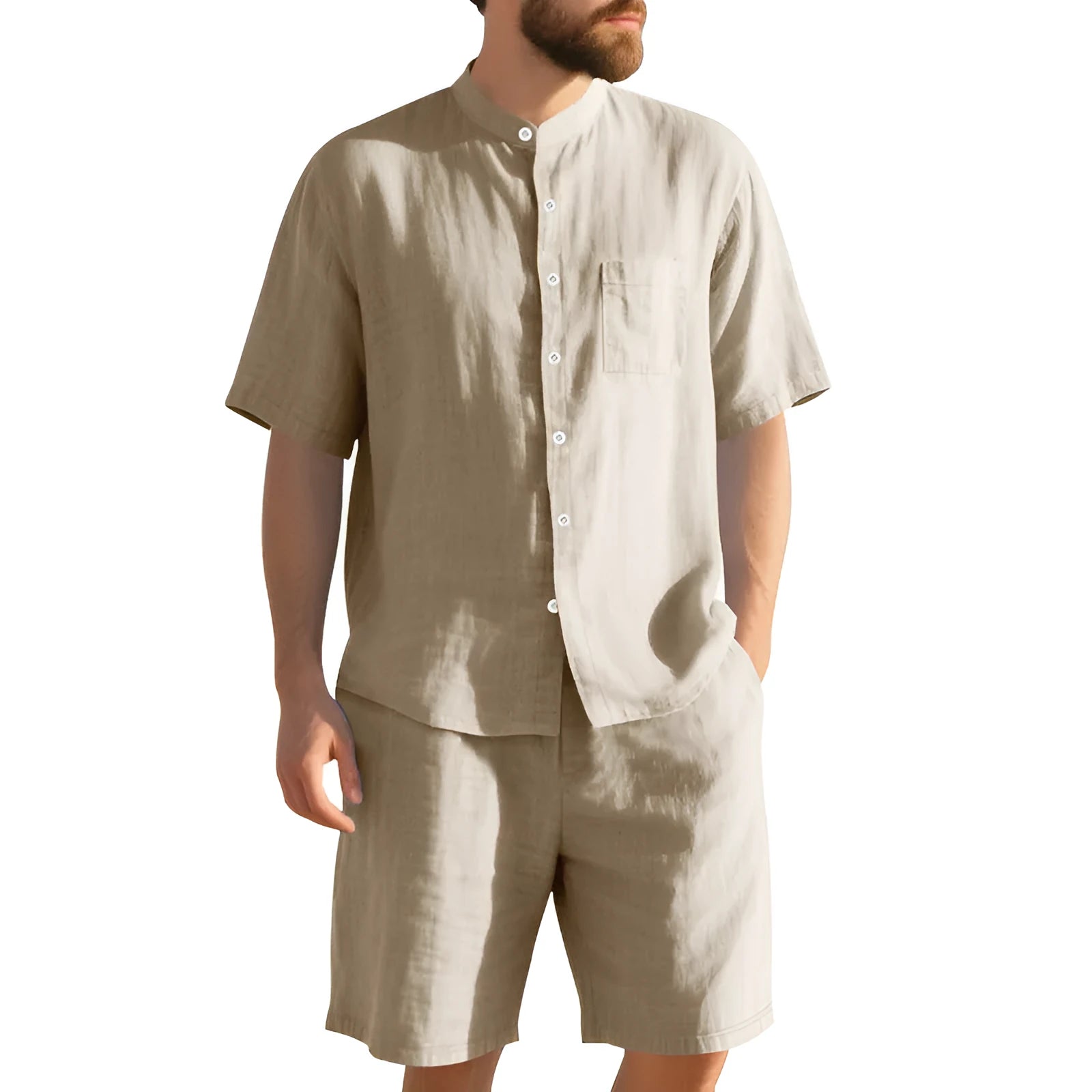 Men's light blue linen blend summer suit with short sleeves and shorts on a hanger.