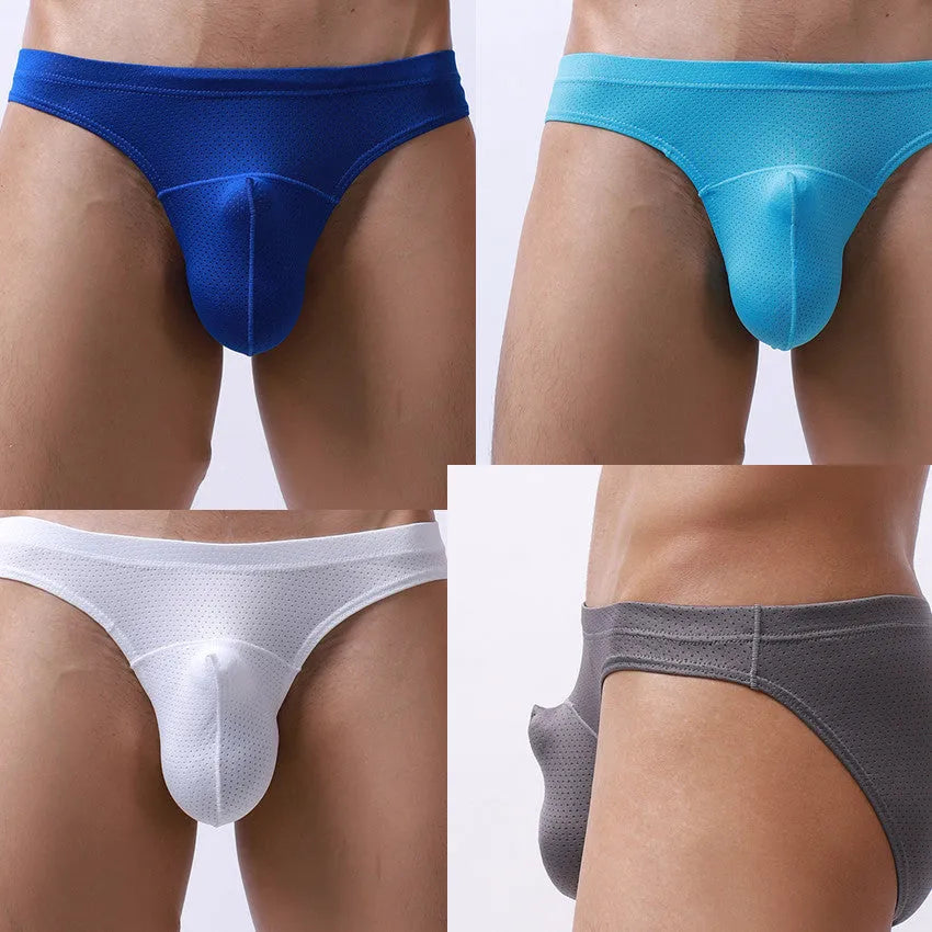 Men's loose fit transparent nylon underwear laid flat, showing the light blue colour option.