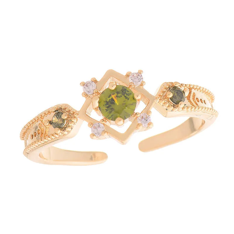 French style geometric open mouth ring with purple zircon stones on copper band
