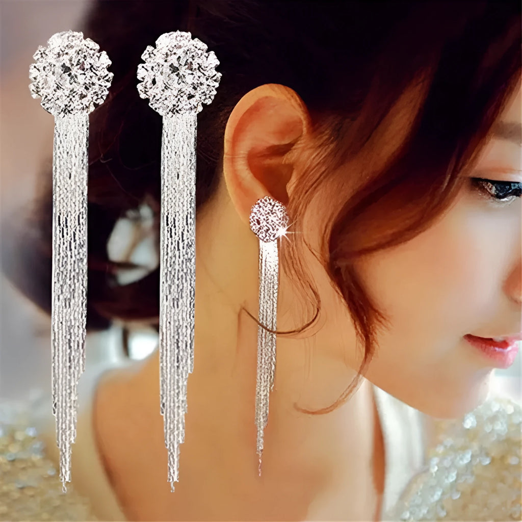 Silver plated crystal tassel drop earrings for women, Korean style dressing accessory