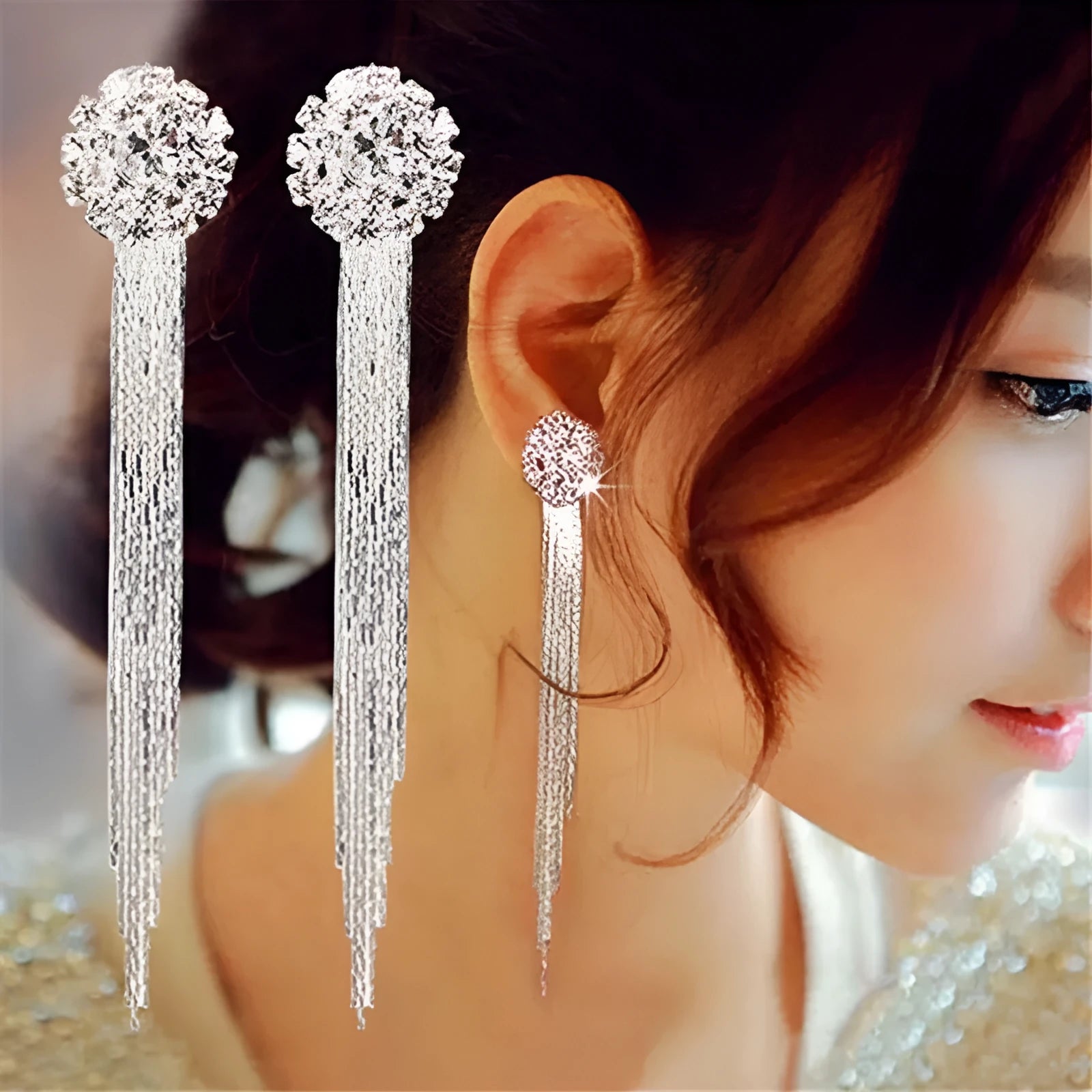 Silver plated crystal tassel drop earrings for women, Korean style dressing accessory