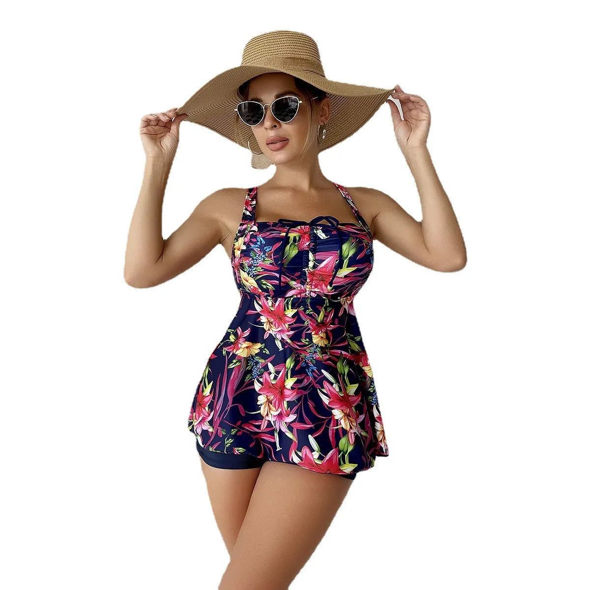 Women's two-piece skirt-style swimsuit with printed floral pattern in polyester microfiber fabric