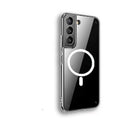 Transparent MagSafe magnetic phone case for Samsung Galaxy S21, S22, S23 models on a table