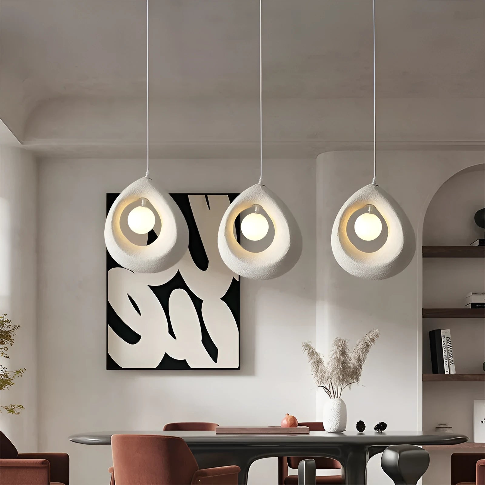 Modern retro pendant chandelier with 32x35cm milky white lampshade for dining room lighting