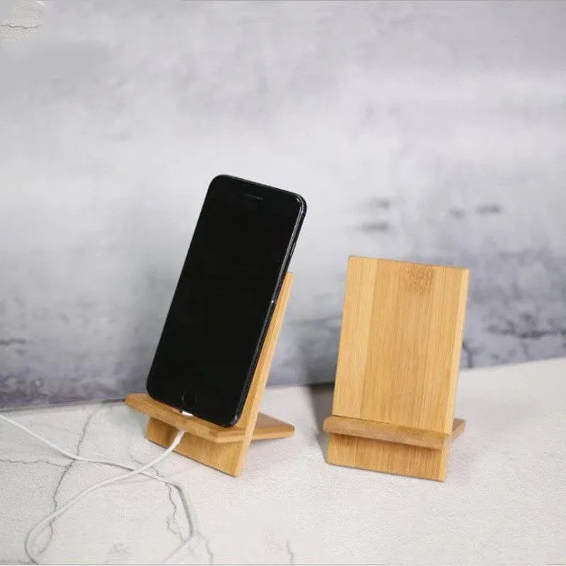 Bamboo desktop phone holder for mobile phone and tablet, 14x8x0.8cm, with holes option