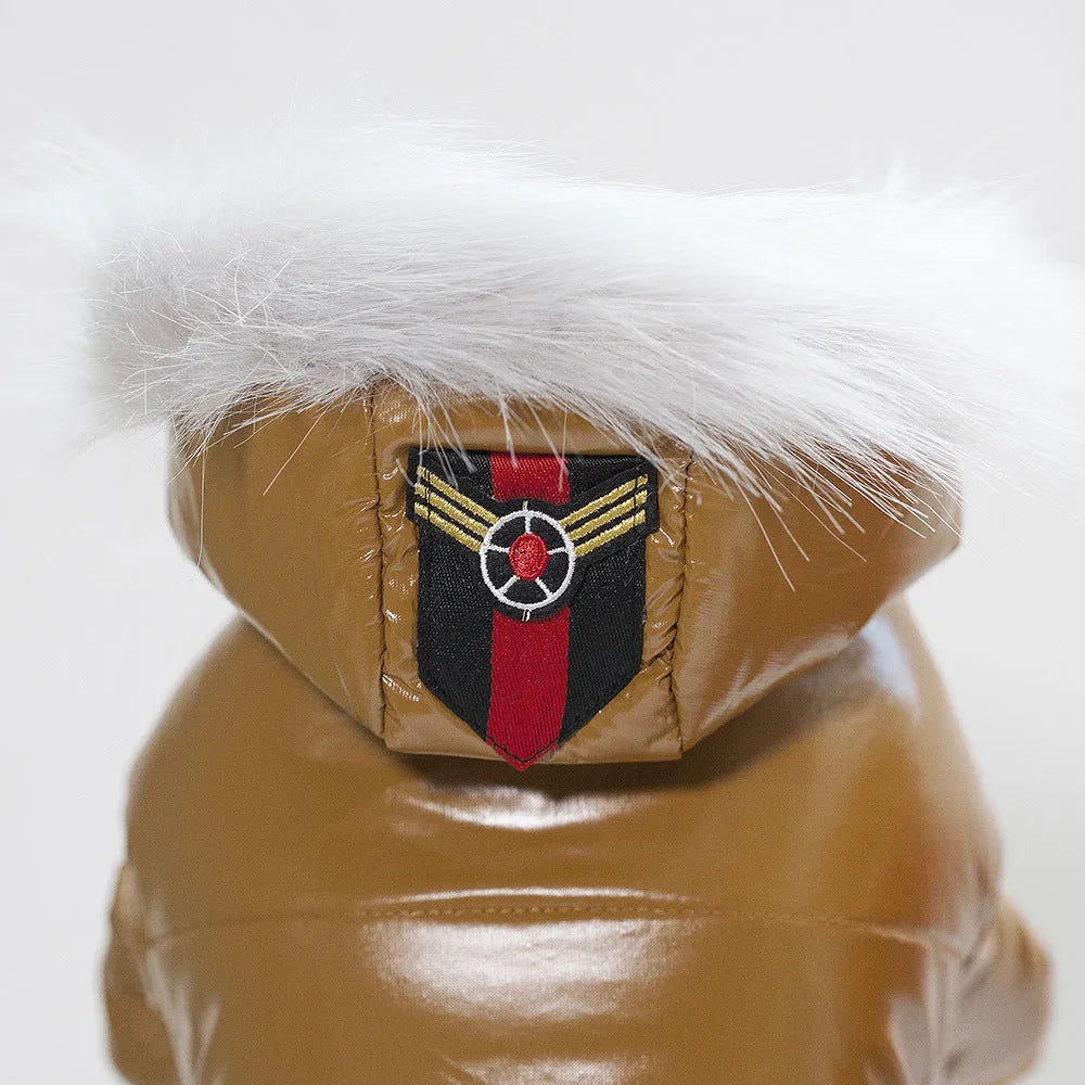 PU leather dog coat for teddy dogs in red colour, European American style, lying on a light surface