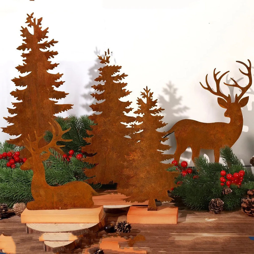 Three rusty metal elk Christmas tree ornaments with American-style design on green branches