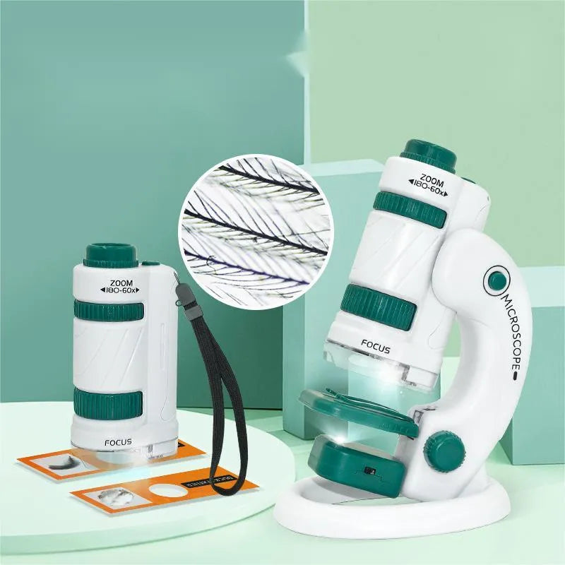 Portable white and green plastic microscope set with specimen slides for educational science exploration.