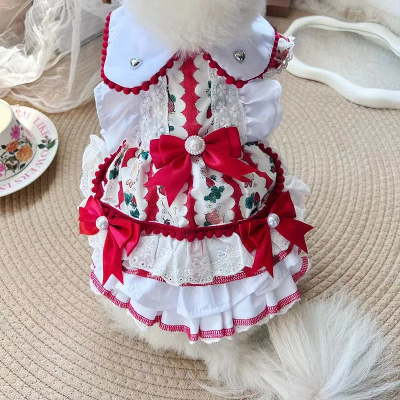 Small white dog wearing a pink rabbit skirt princess dress, showing flared shape and fit.