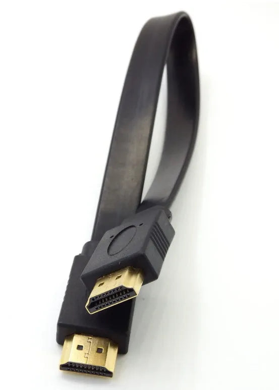 Gold-plated HDMI cable on a white background, showing connector detail.