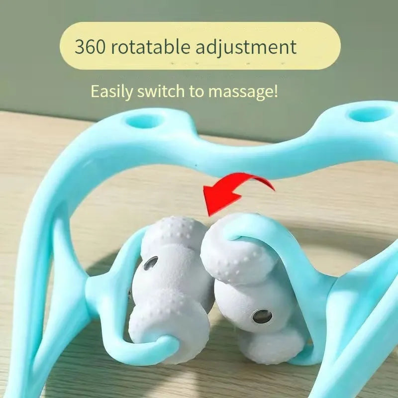 Blue handheld neck massager roller with 96 pressure nodes on a rotating head.