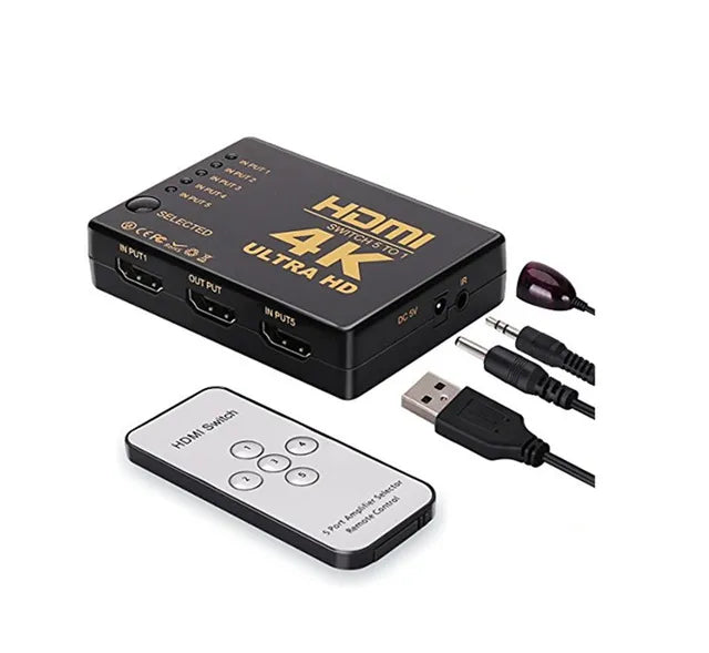 Black 5-in-1 HDMI switcher with remote control suitable for HDTV and high-definition devices