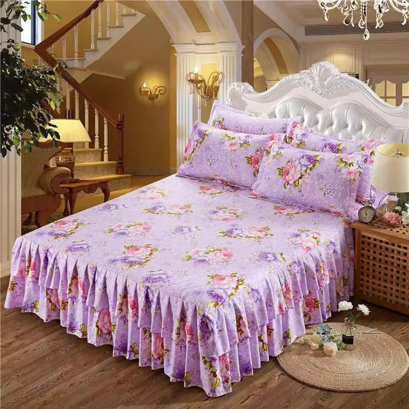 Bilateral pure cotton bed skirt set in blue with even drape on both sides of a Simmons bed