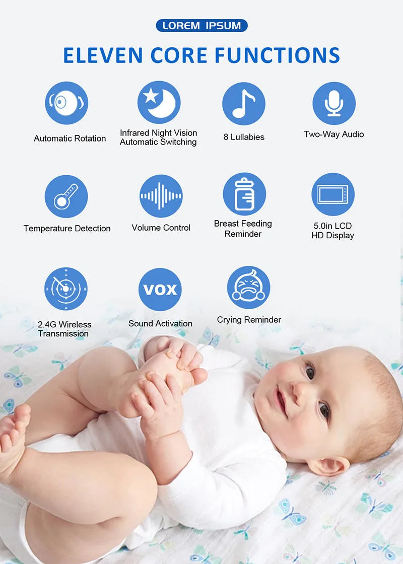 White wireless baby monitor with 5-inch HD screen and temperature display