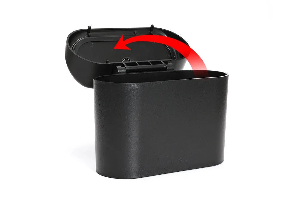 Black ABS plastic car trash can measuring 160x143x85mm with removable hook and upturned lid