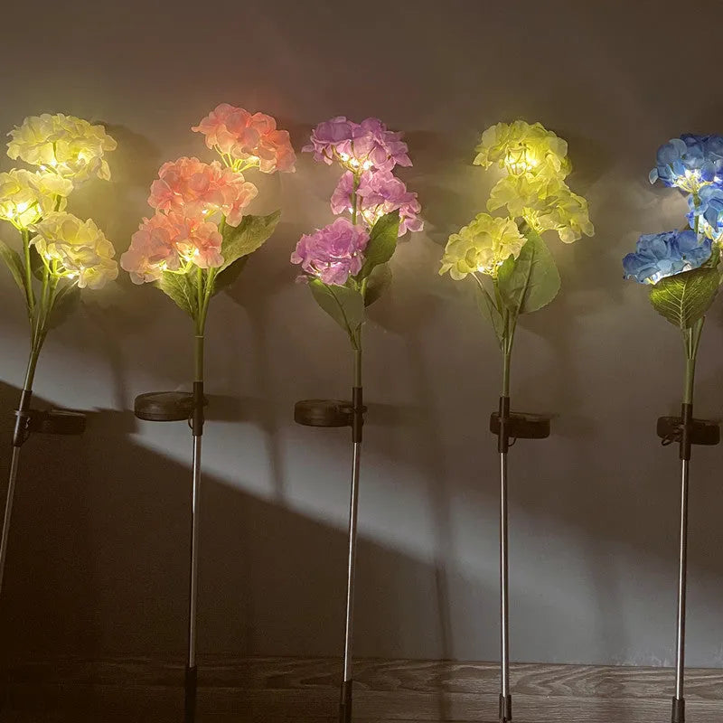 Solar hydrangea garden lights in five colours with rubber construction for outdoor decoration