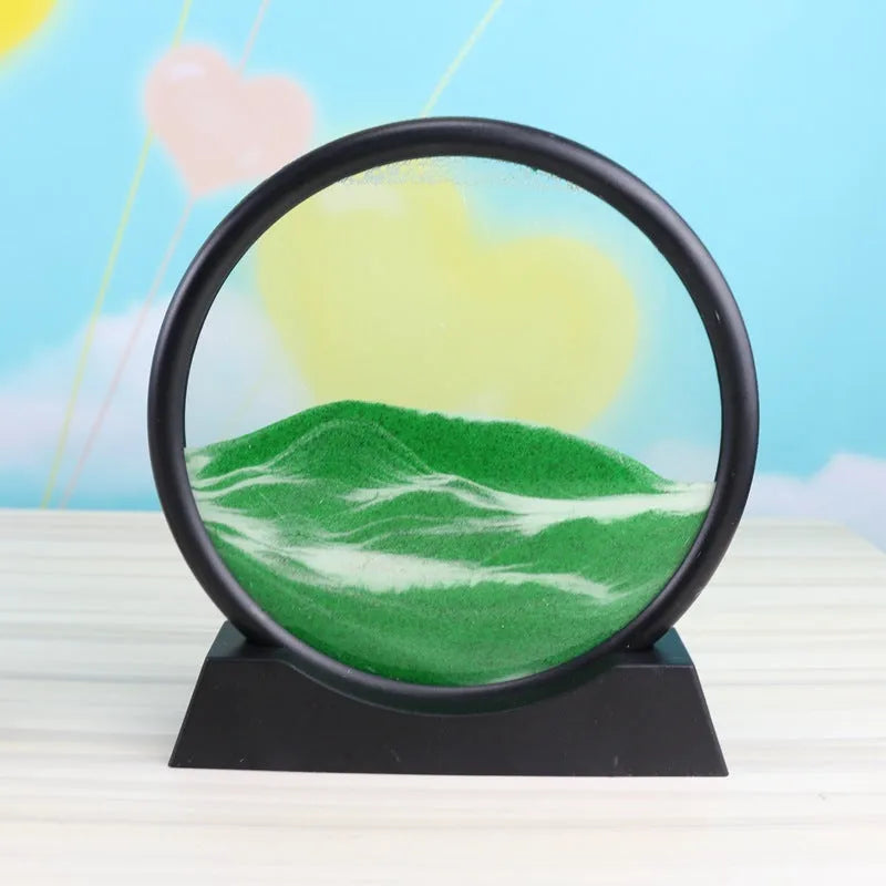 3D dynamic sand painting in glass frame with shifting blue and purple sand patterns