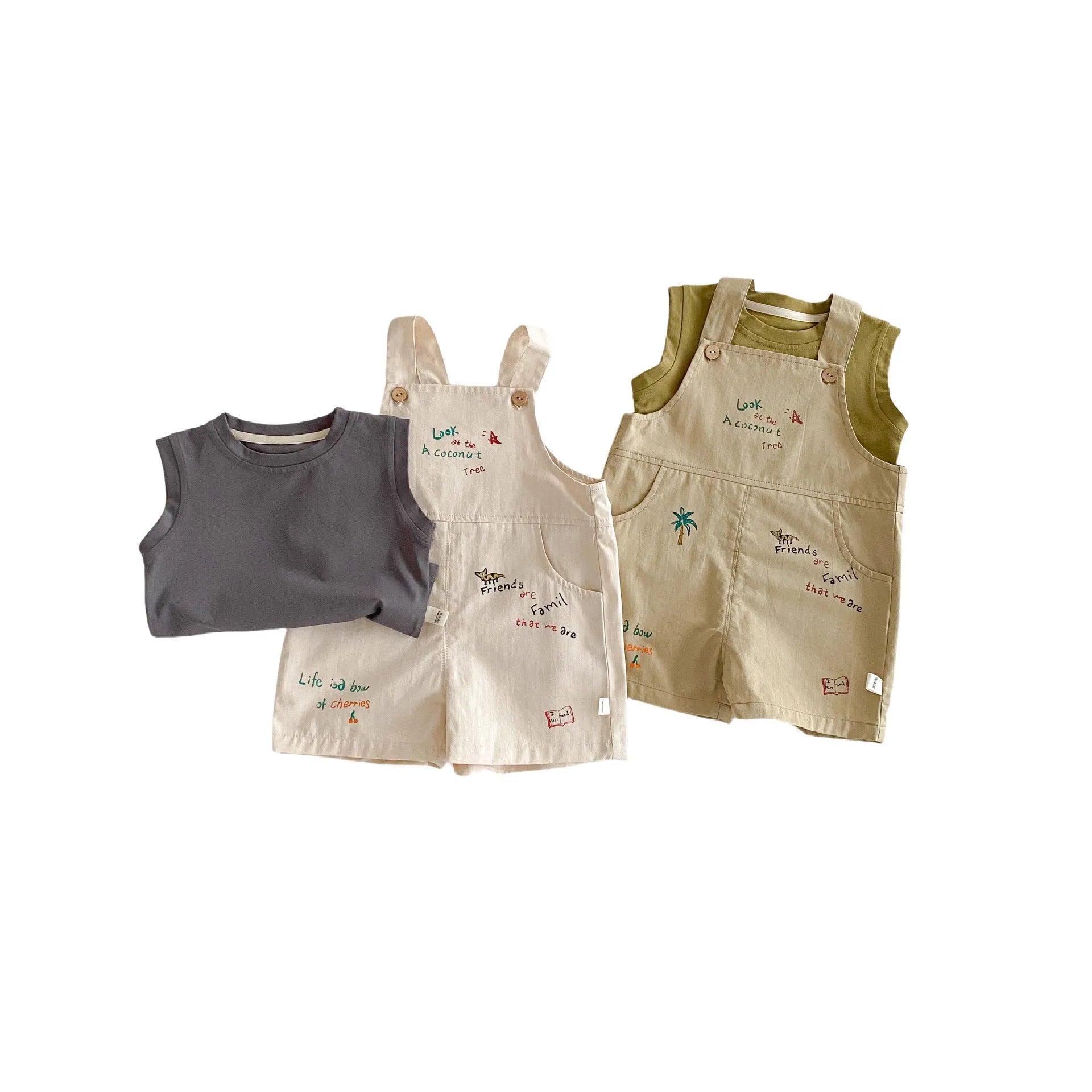 Baby cartoon suspender pants and t-shirt set in Korean style, cotton fabric, available in multiple colours for boys and girls