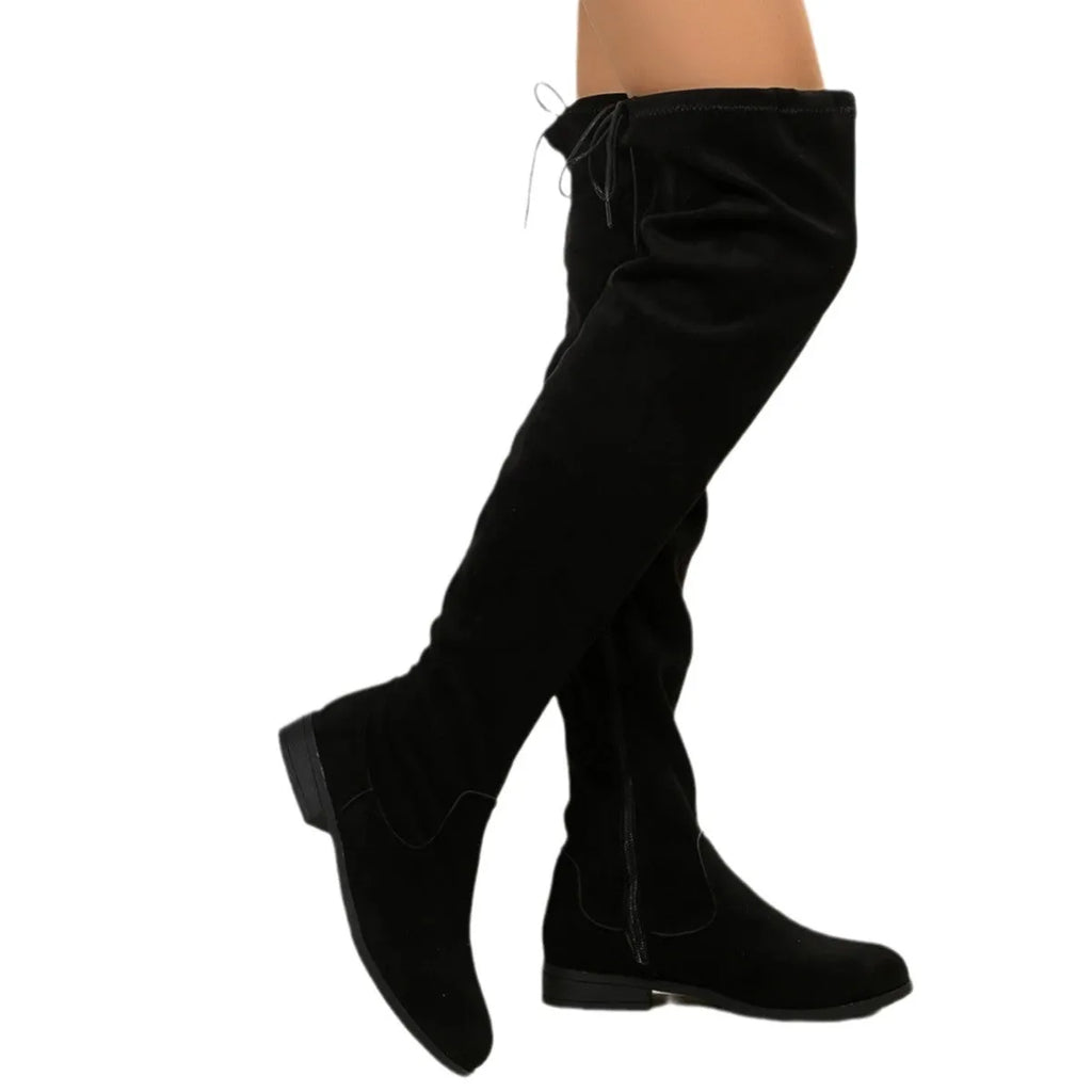 Black and brown plus size over-the-knee suede Martin boots with low 1-3cm heel, round toe and rubber sole, sizes 36-43